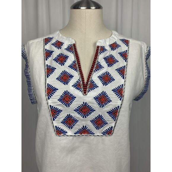 J Crew Womens White Blue Red V Neck Linen Short Sleeve Top 4 Petite - Picture 2 of 7